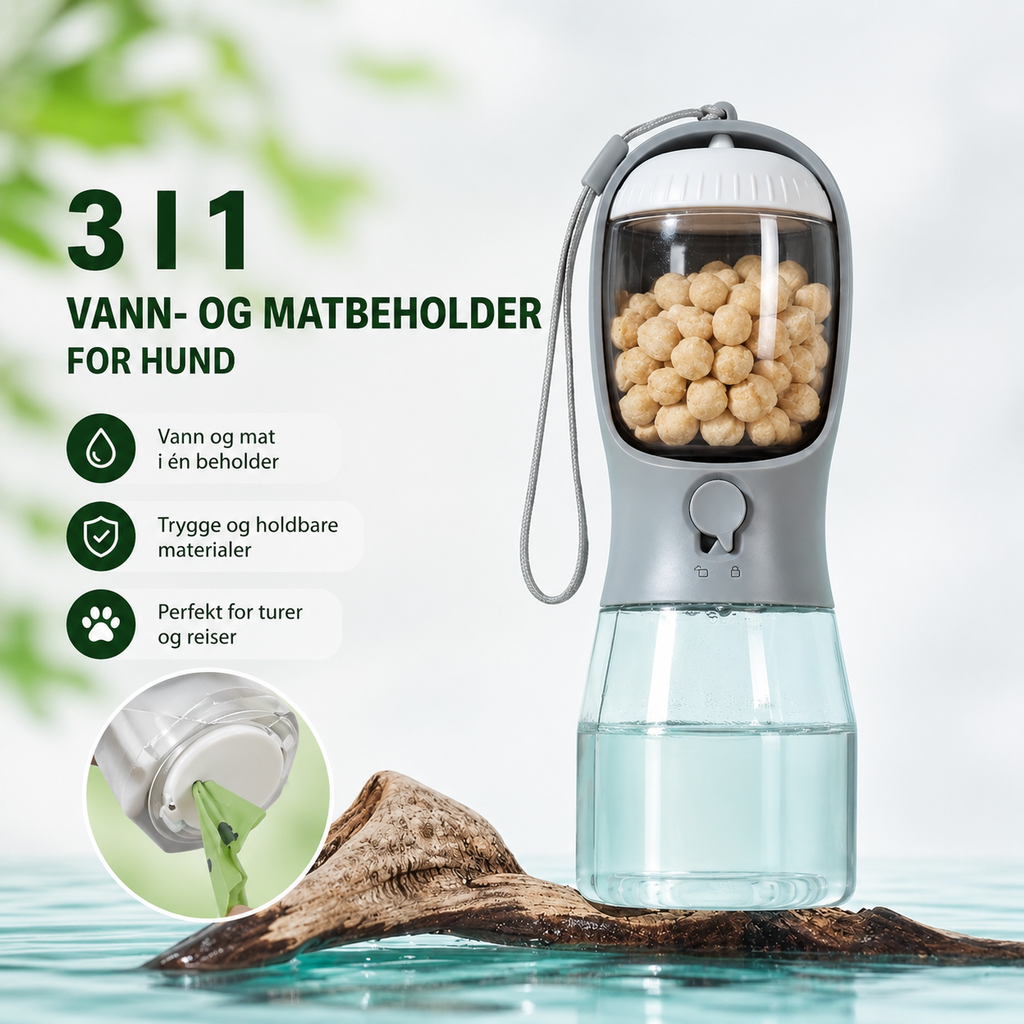 3-i-1 vannflaske og matbeholder til hund
