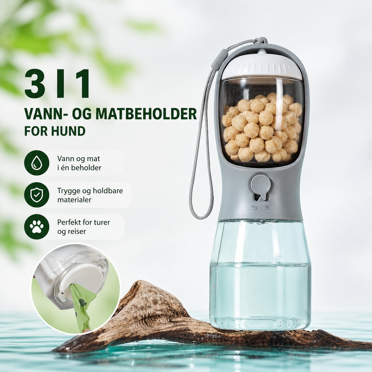 3-i-1 vannflaske og matbeholder til hund