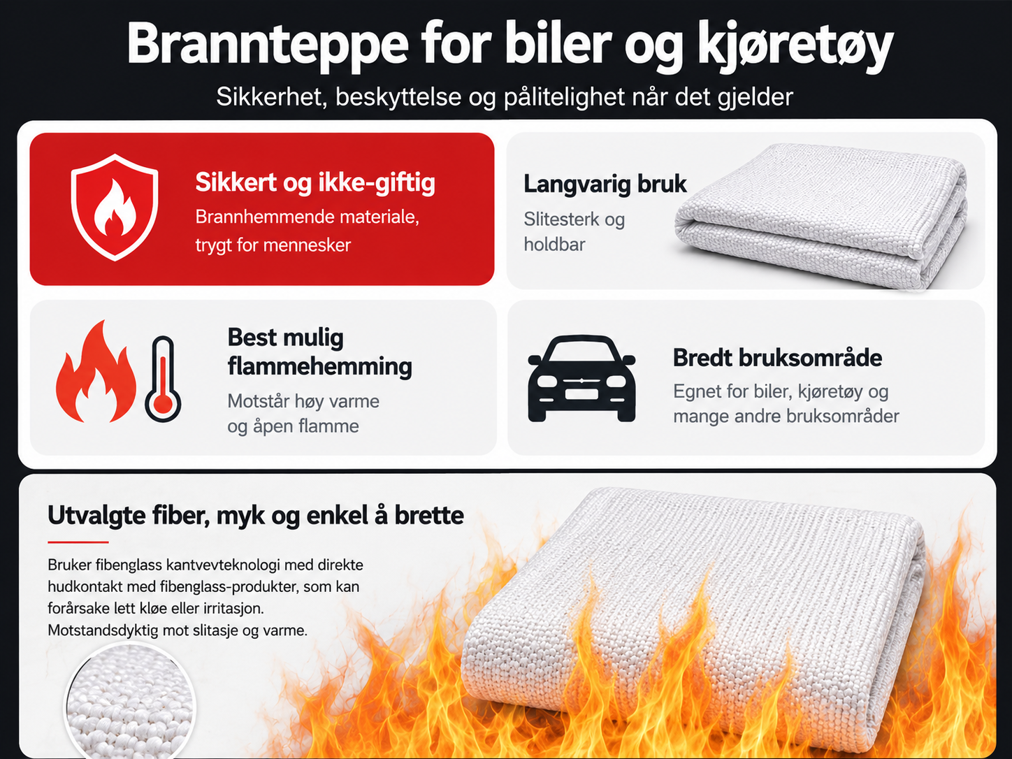 Brannteppe for bil og kjøretøy – glassfiber med silikonbelegg