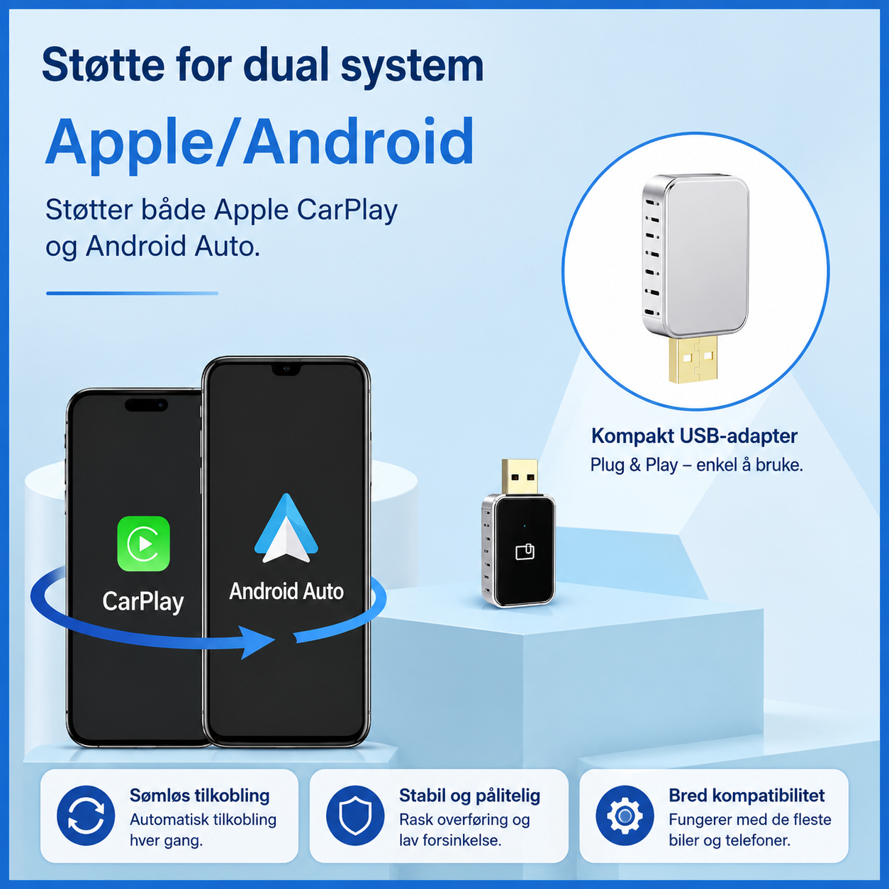Trådløs CarPlay- og Android Auto-adapter (2-i-1)