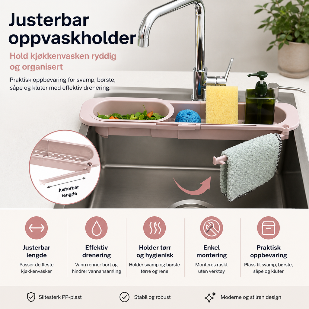 Justerbar oppvaskholder til kjøkkenvask