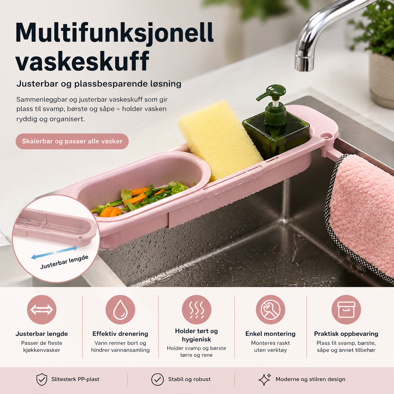 Justerbar oppvaskholder til kjøkkenvask