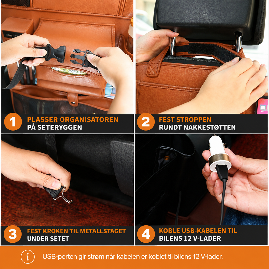 Bilorganisator med USB-port i PU-skinn – Oppbevaring til seterygg