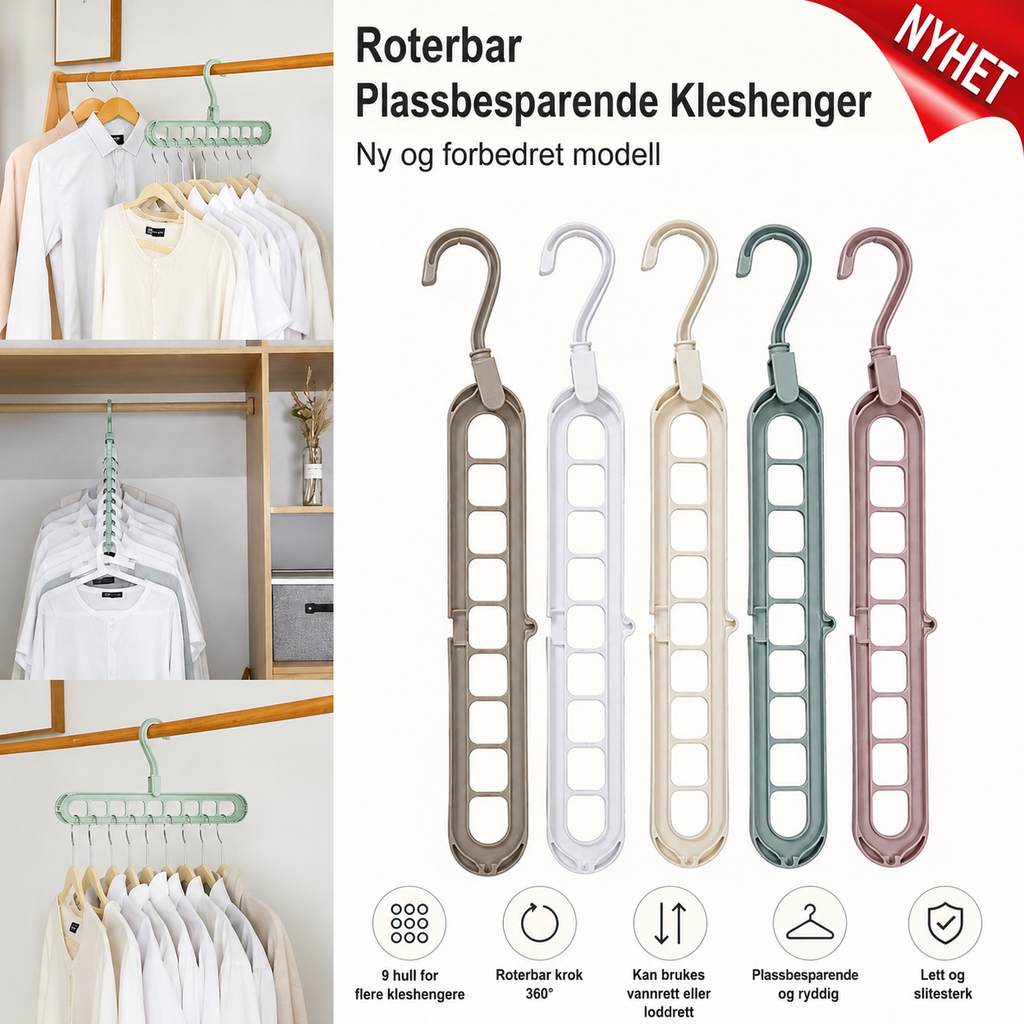 Plassbesparende kleshenger med 9 hull
