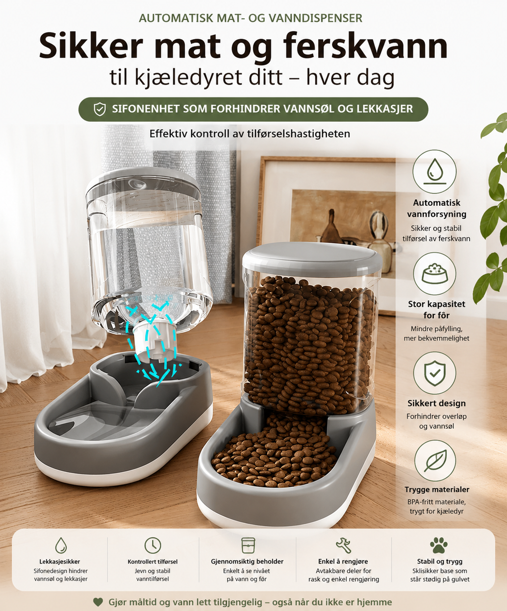 Automatisk mat- og vannstasjon for hund og katt