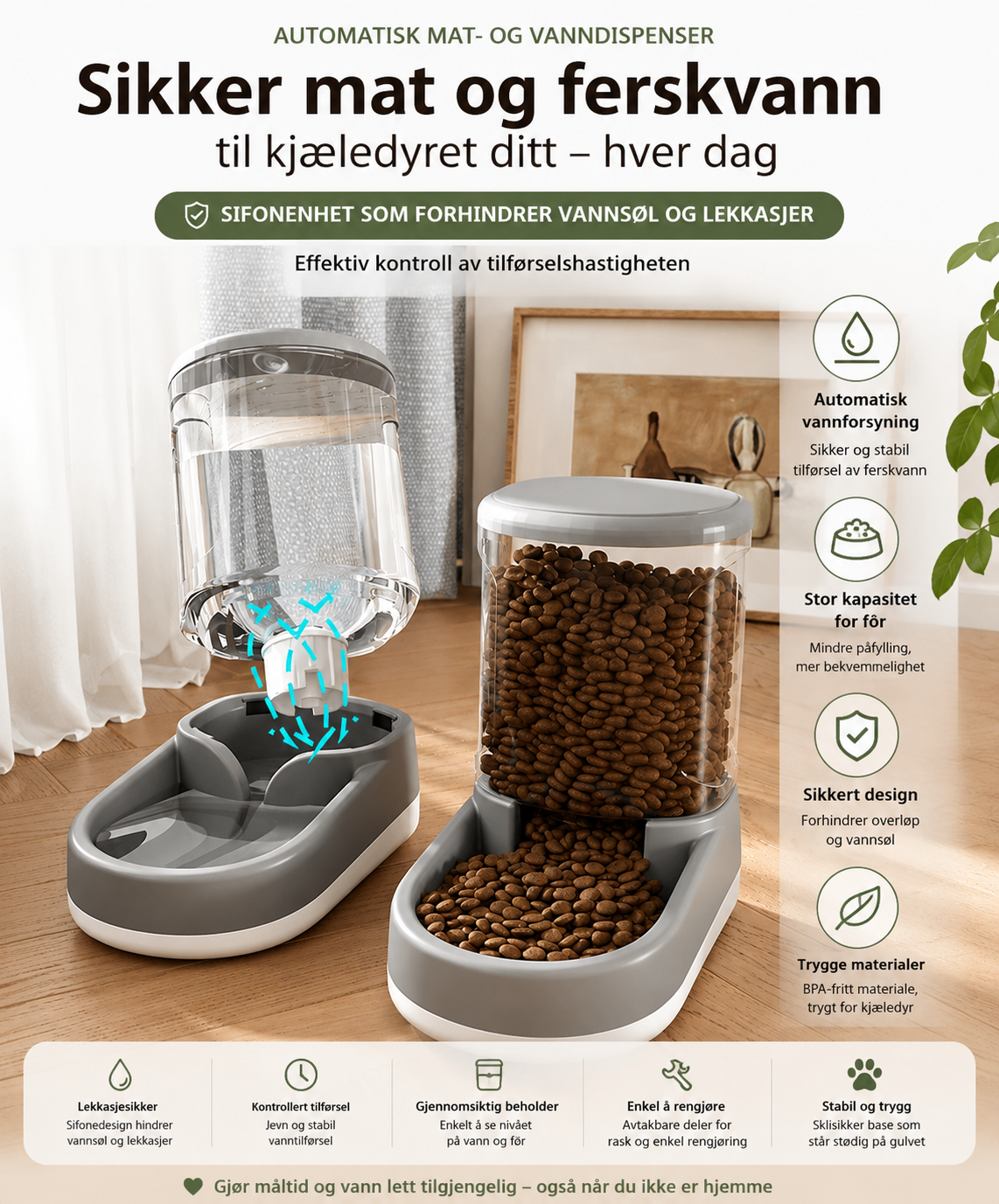 Automatisk mat- og vannstasjon for hund og katt