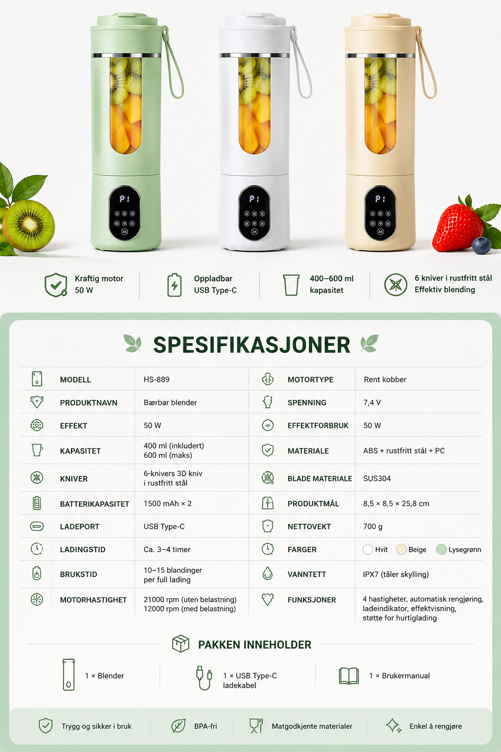 Bærbar oppladbar smoothieblender 400 ml