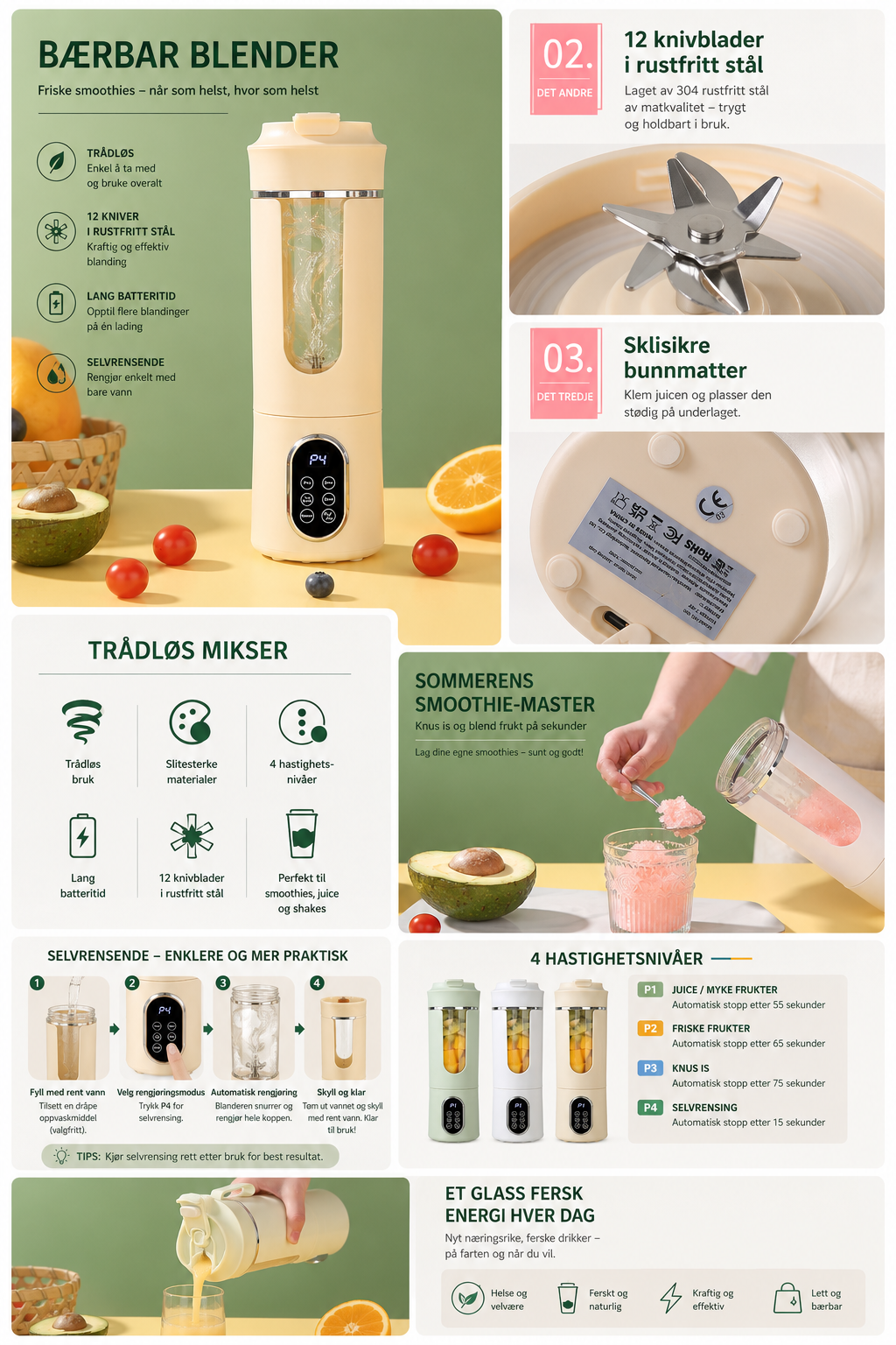 Bærbar oppladbar smoothieblender 400 ml
