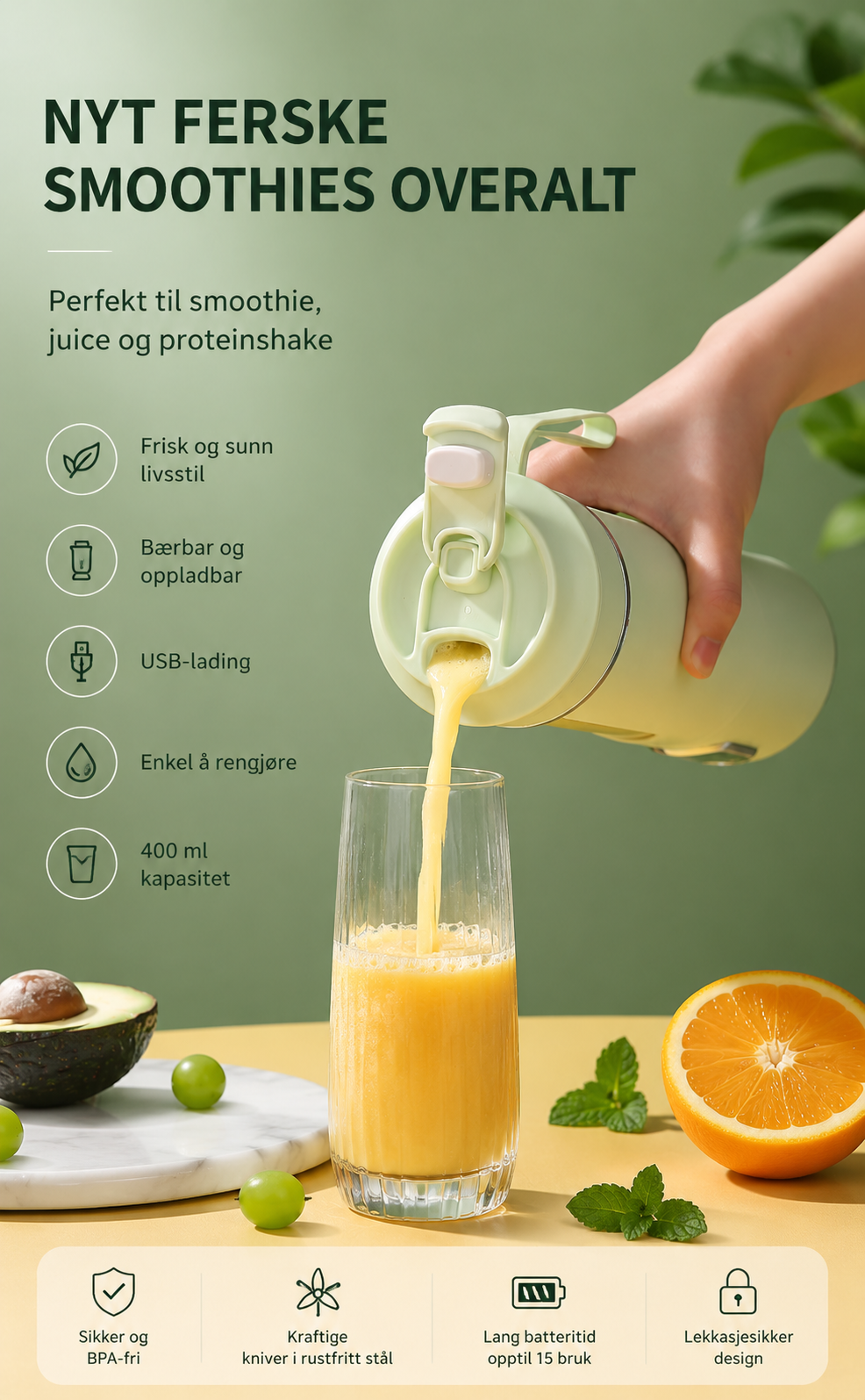 Bærbar oppladbar smoothieblender 400 ml