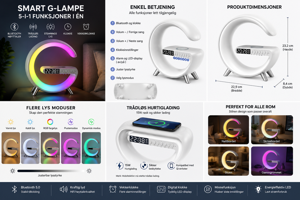 LumaBeat™ Smart G-Form LED-lampe med Bluetooth-høyttaler og Trådløs Lading