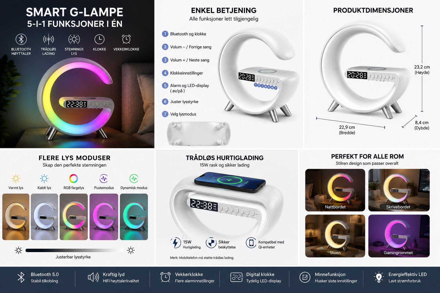 LumaBeat™ Smart G-Form LED-lampe med Bluetooth-høyttaler og Trådløs Lading