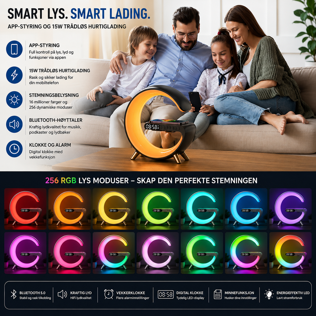 LumaBeat™ Smart G-Form LED-lampe med Bluetooth-høyttaler og Trådløs Lading