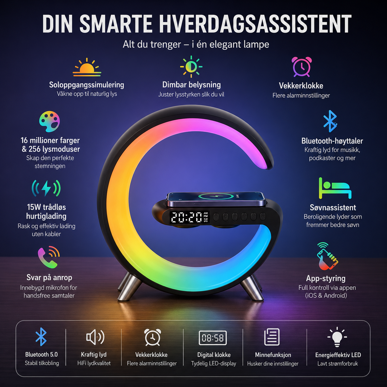 LumaBeat™ Smart G-Form LED-lampe med Bluetooth-høyttaler og Trådløs Lading