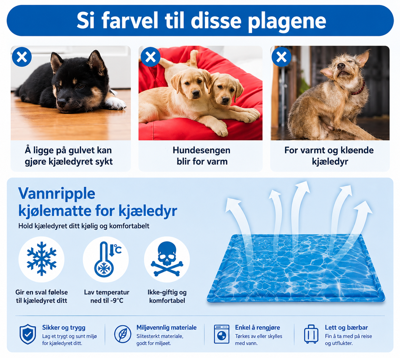 Kjølematte med bølgemønster og gelskum for kjæledyr