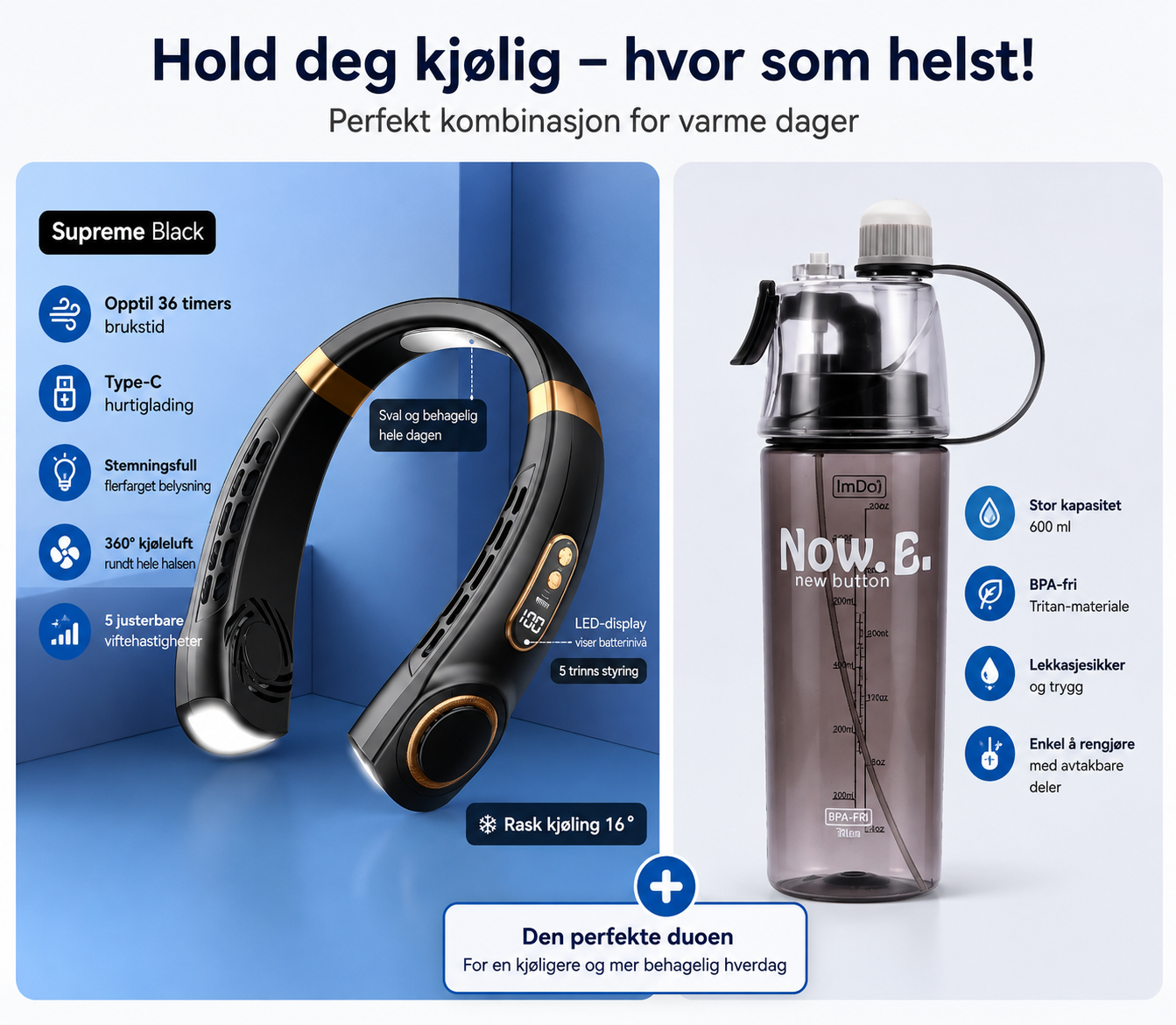 Stillegående multifunksjonell nakkevifte – håndfri kjøling for reise og utendørsbruk