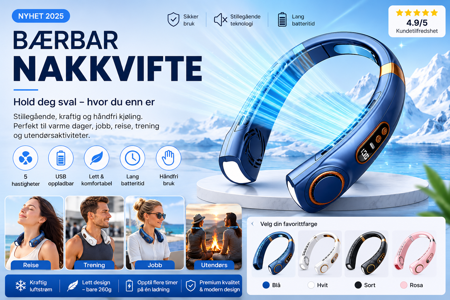 Bærbar Nakkvifte med USB-lading – Stillegående og Håndfri Kjøling