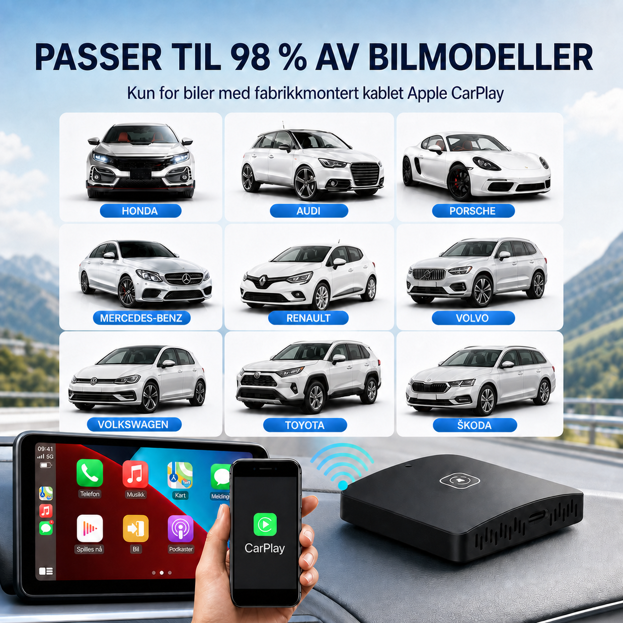 Trådløs CarPlay- og Android Auto-adapter