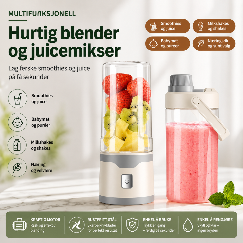 Bærbar oppladbar blender med doble drikkebeger – 500 ml