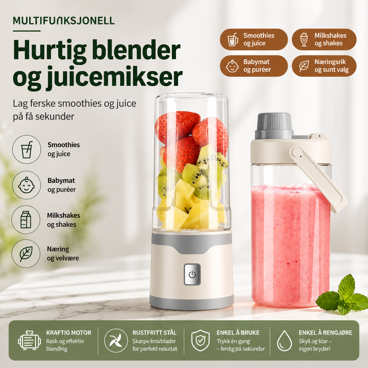 Bærbar oppladbar blender med doble drikkebeger – 500 ml