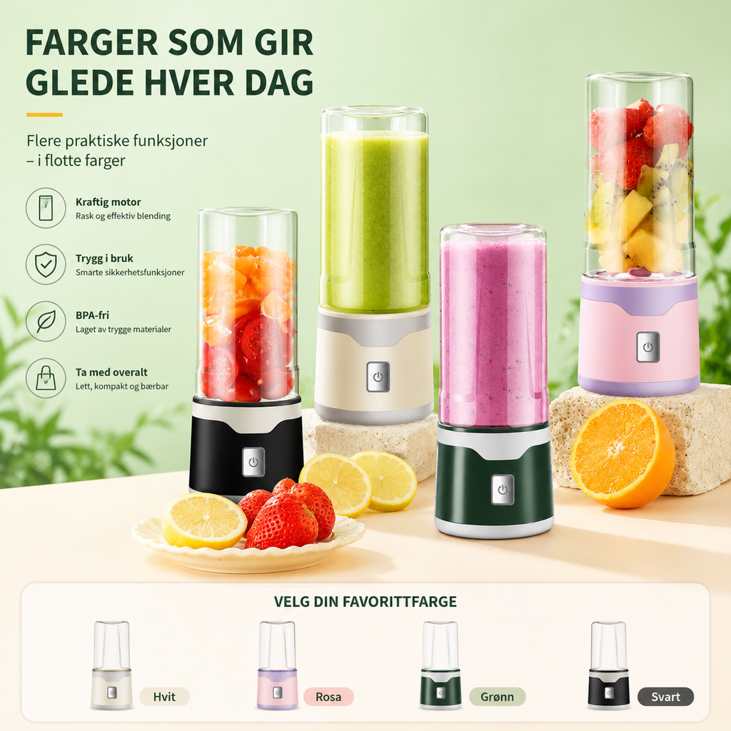 Bærbar oppladbar blender med doble drikkebeger – 500 ml