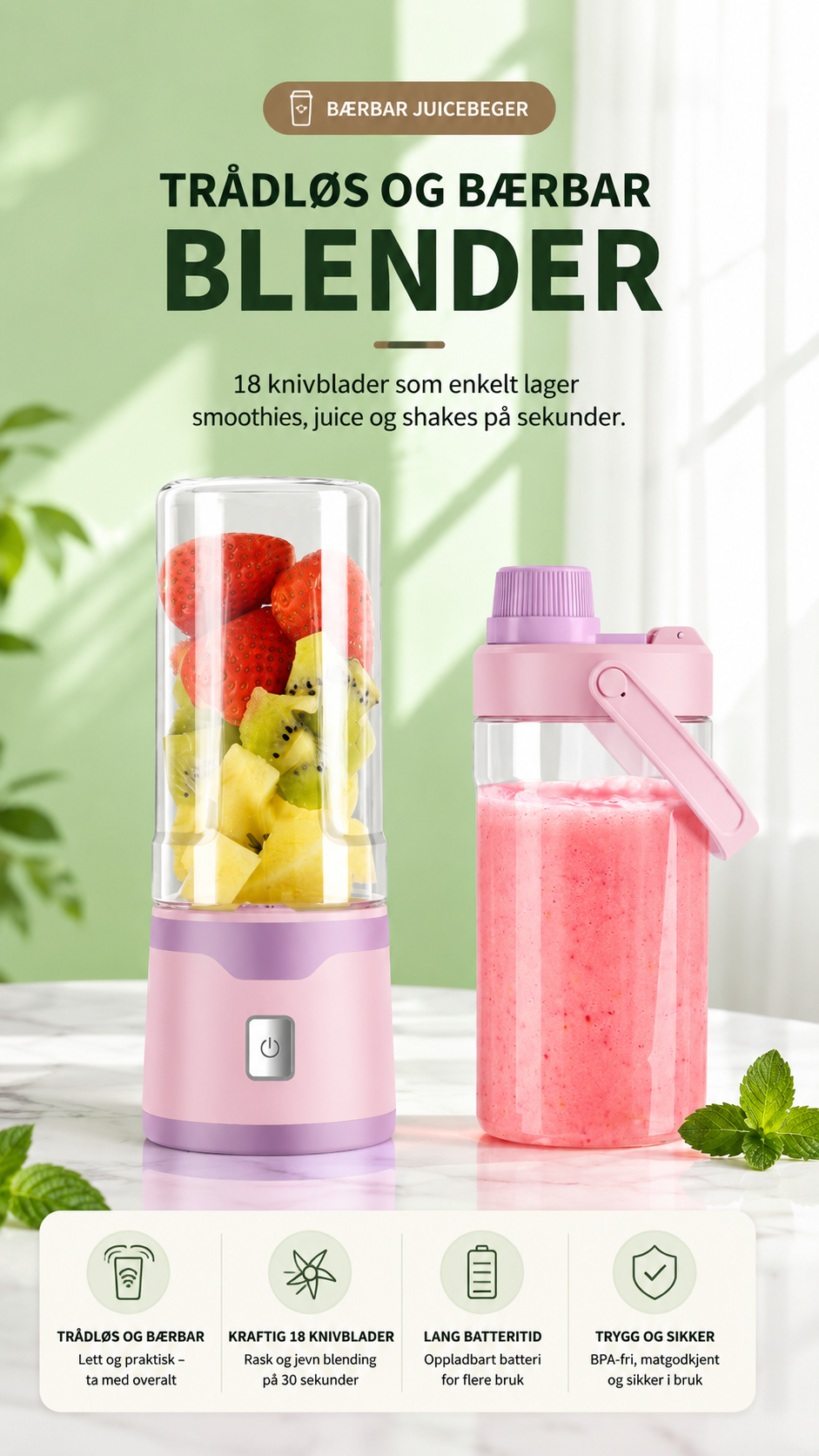 Bærbar oppladbar blender med doble drikkebeger – 500 ml